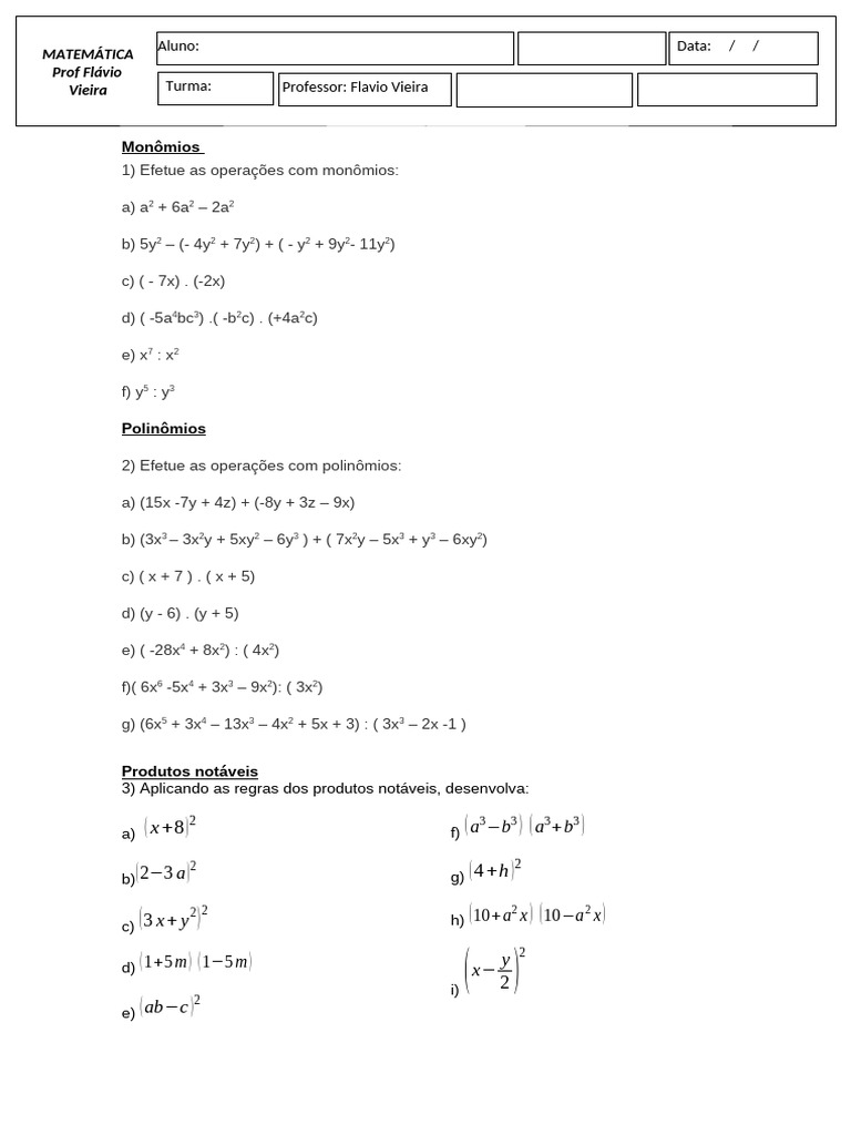 Operações com Monômios e Polinômios | PDF | Matemática | Lógica matemática