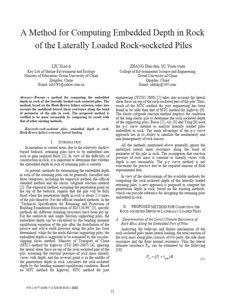 Computing Embedded Depth of Rock-Socketed Piles | PDF | Bending ...
