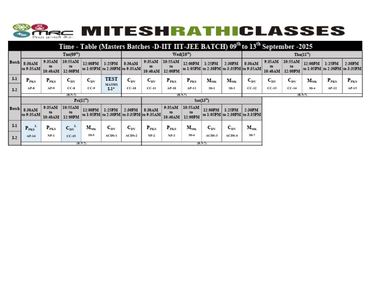 Time - Table (Masters Batches - D-IIT Iit-Jee Batch) 09 To 13 September ...