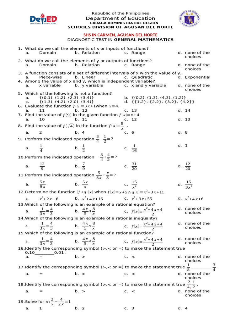General Mathematics Diagnostic Test | PDF | Function (Mathematics ...