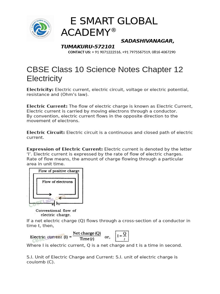 E Smart Global Academy1 Electricity Notes | PDF | Voltage | Electric ...