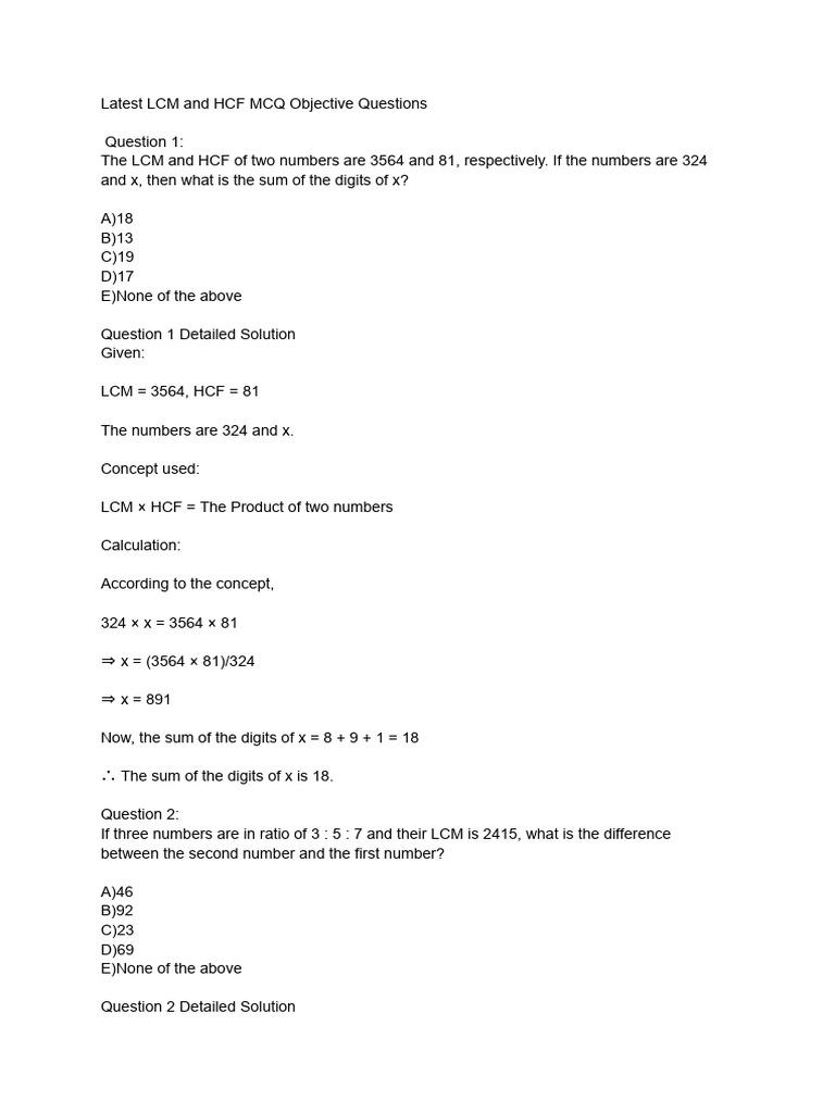 LCM and HCF MCQ Practice Questions | PDF | Numbers | Algebra