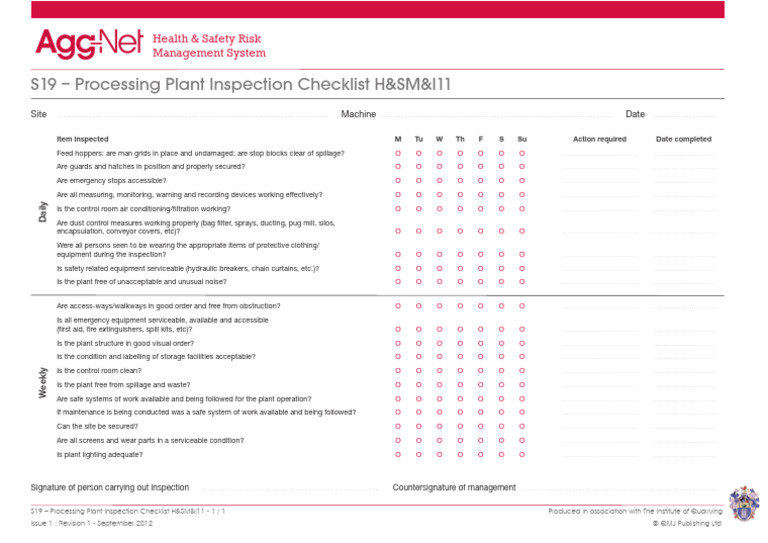 Processing Plant Inspection Checklist Hsmi11 | PDF