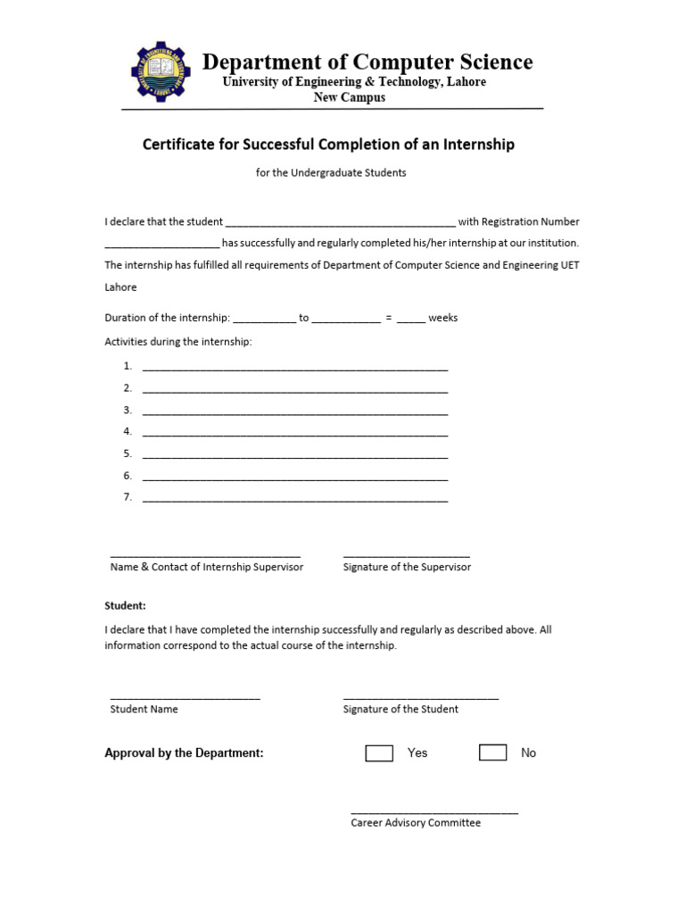 Internship Completion Certificate UET Lahore | PDF