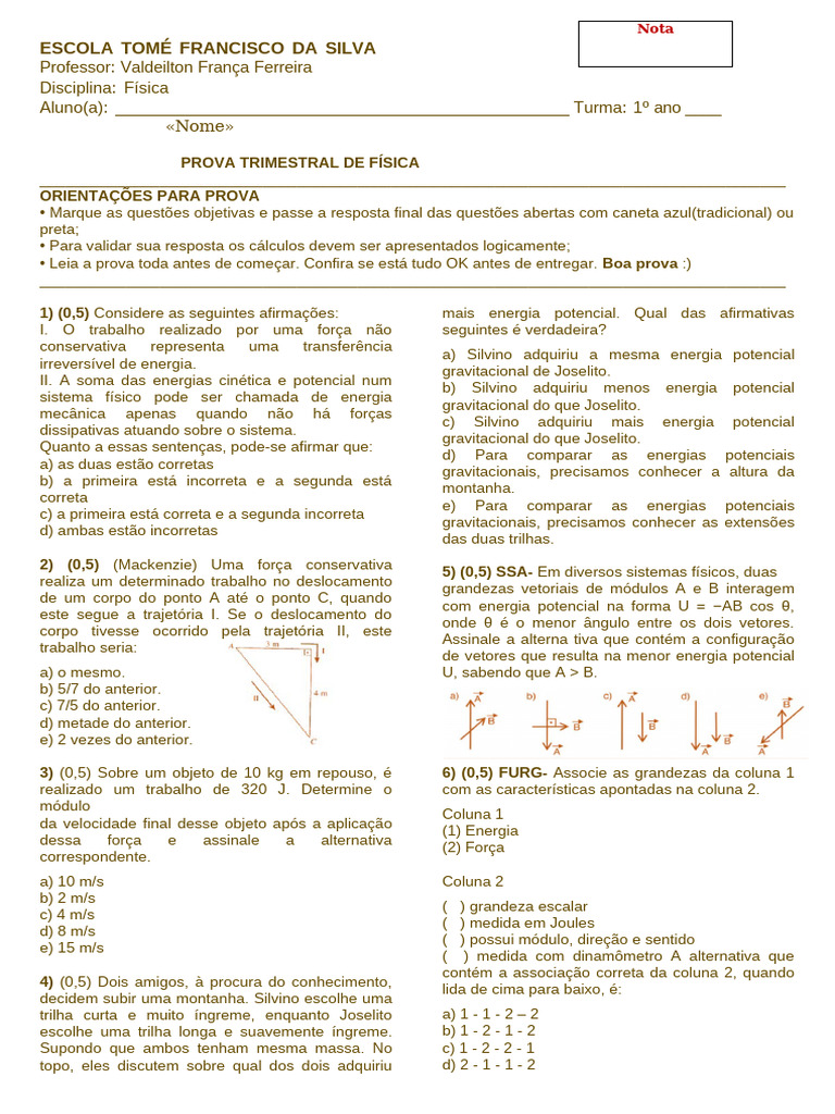 Prova de Física - 1º Ano Ensino Médio | PDF | Energia potencial | Massa