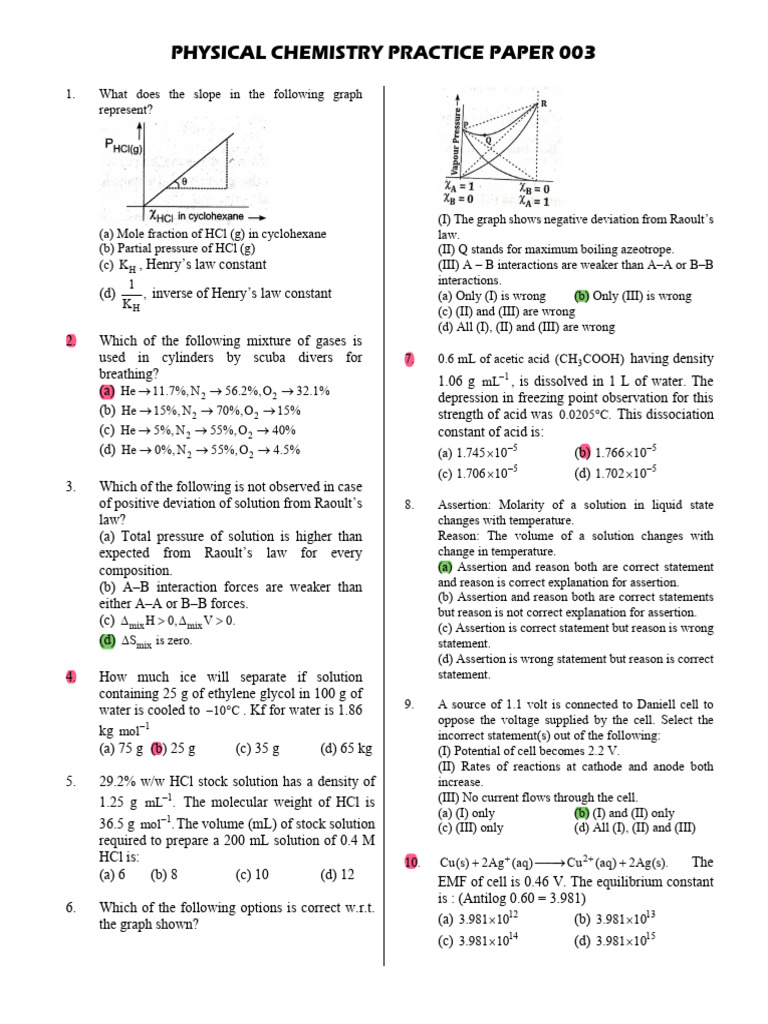 Physical Chemistry Practice Paper 003 | PDF | Electron | Magnesium