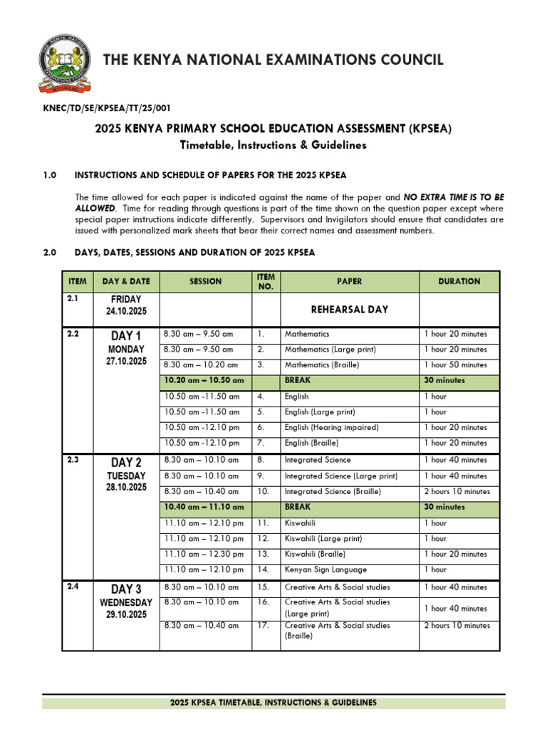 2025 KPSEA Exam Timetable & Guidelines | PDF | Justice | Crime & Violence