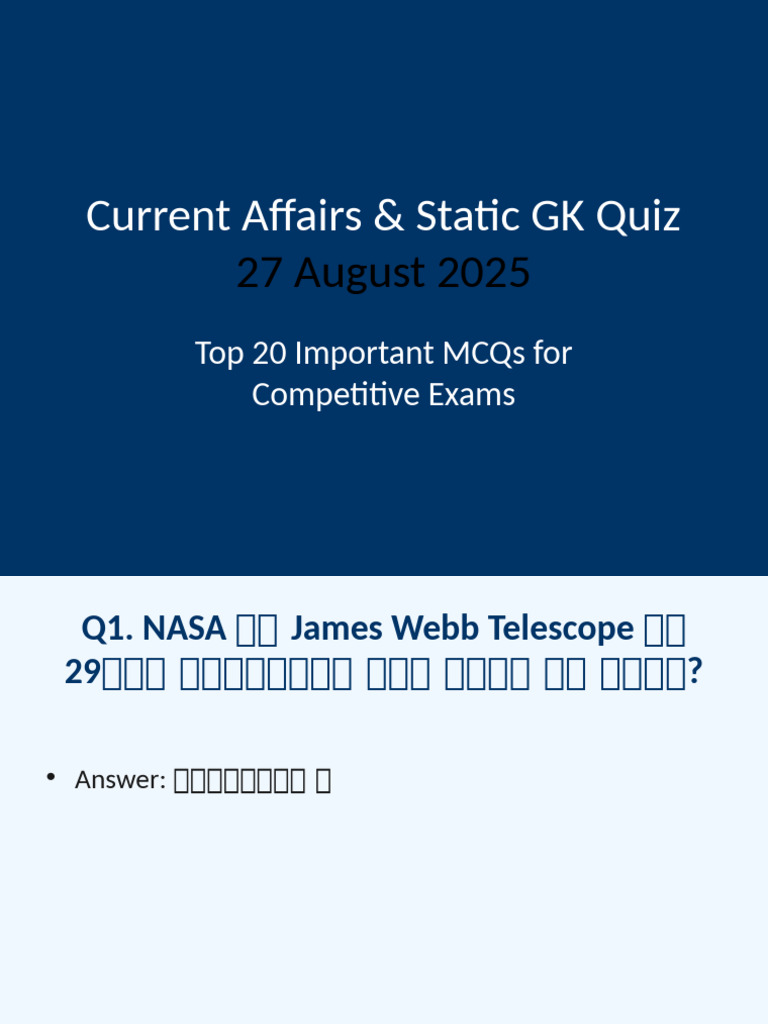 Styled Current Affairs Static GK 27 August 2025 | PDF