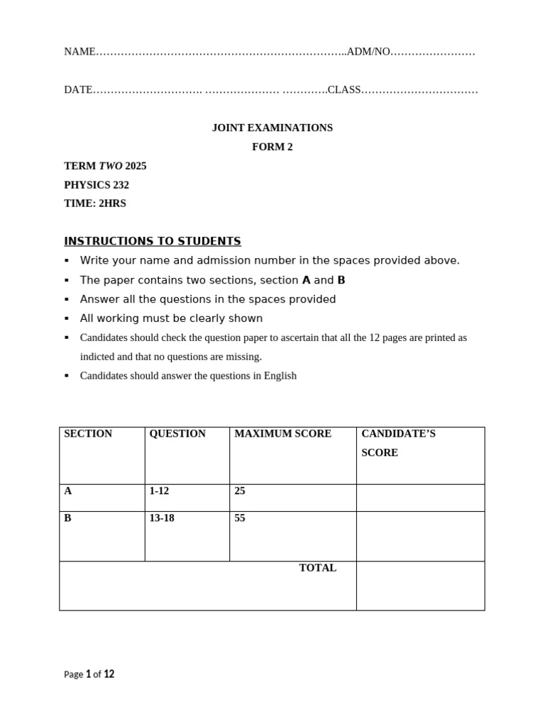 Form 2 Physics Joint Exam 2025 | PDF | Waves | Physical Sciences