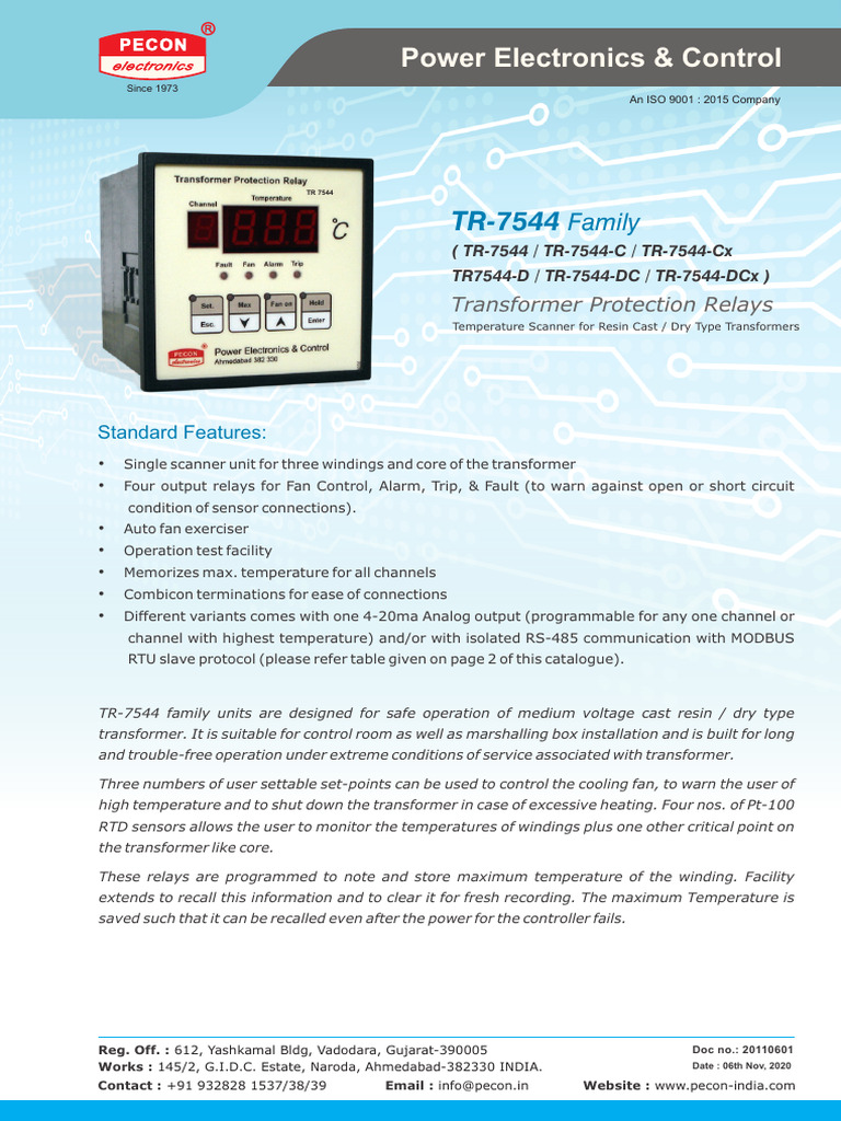Pecon Transformer Protection Relay TR-7544 | PDF | Relay | Transformer