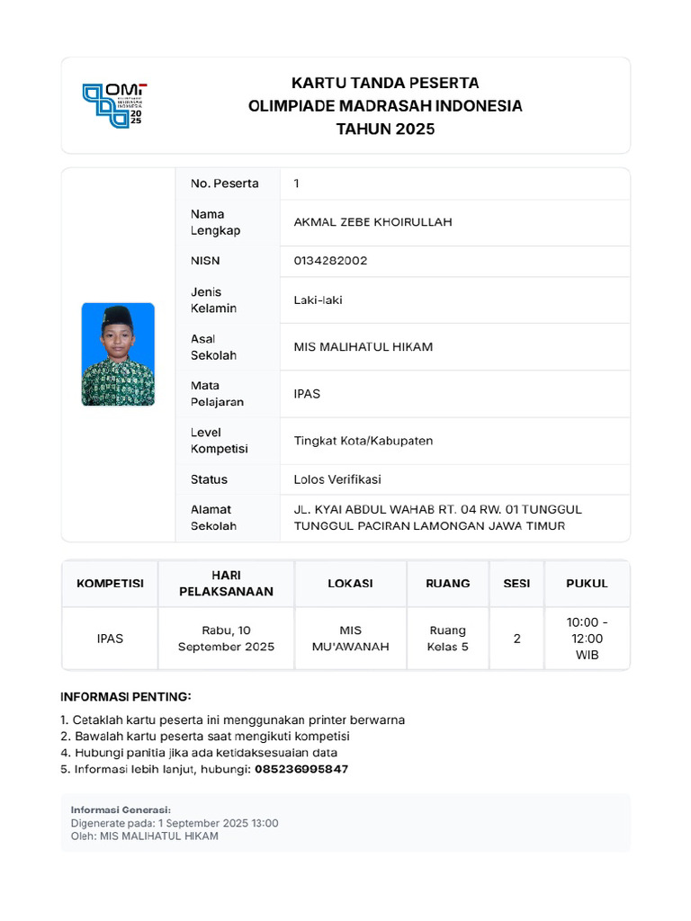 Kartu Peserta Akmal Zebe Khoirullah 2025 09 08 | PDF