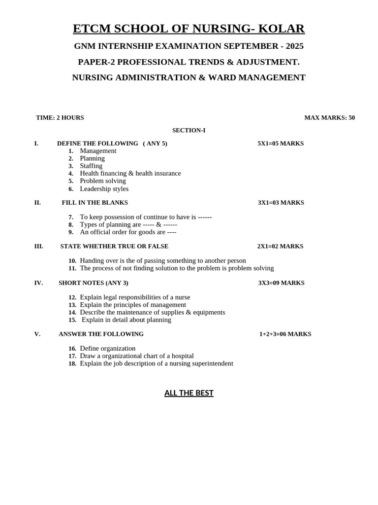 GNM Nursing Internship Exam Paper 2 | PDF
