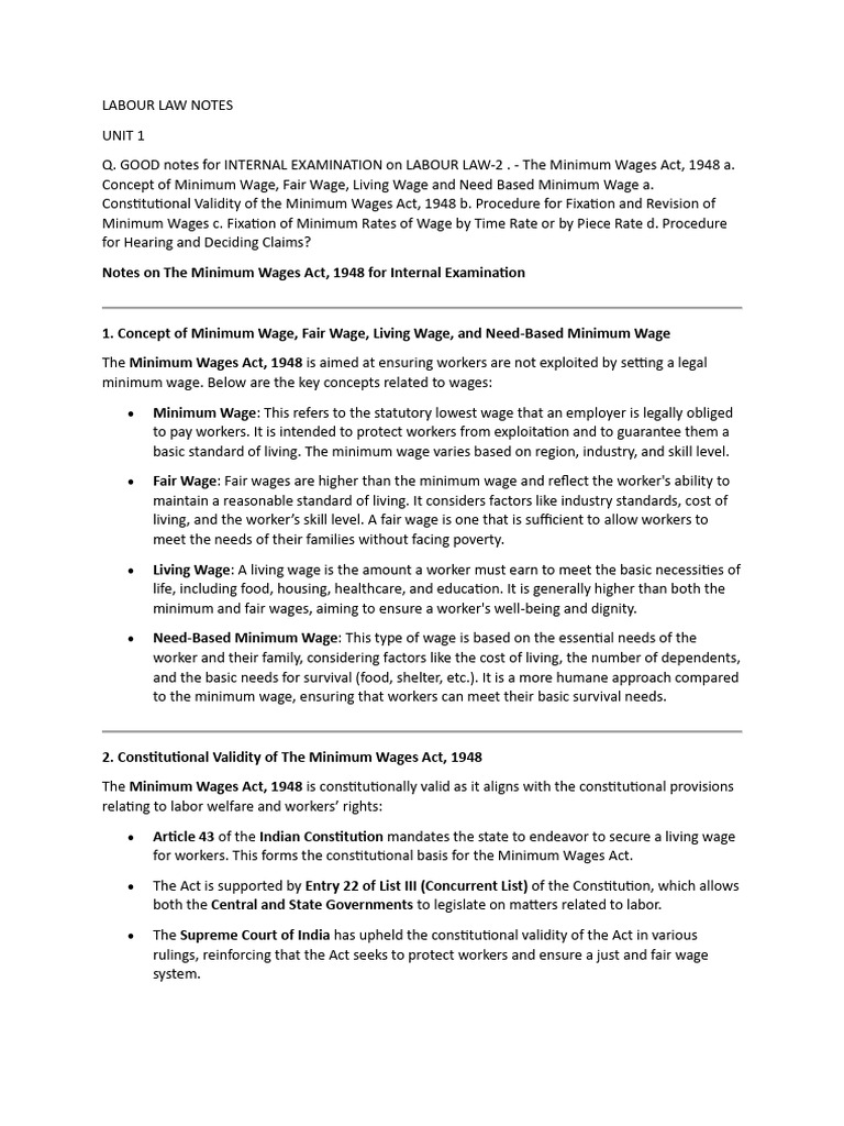 Labour Law Notes: Minimum Wages Act Overview | PDF | Cost Of Living ...