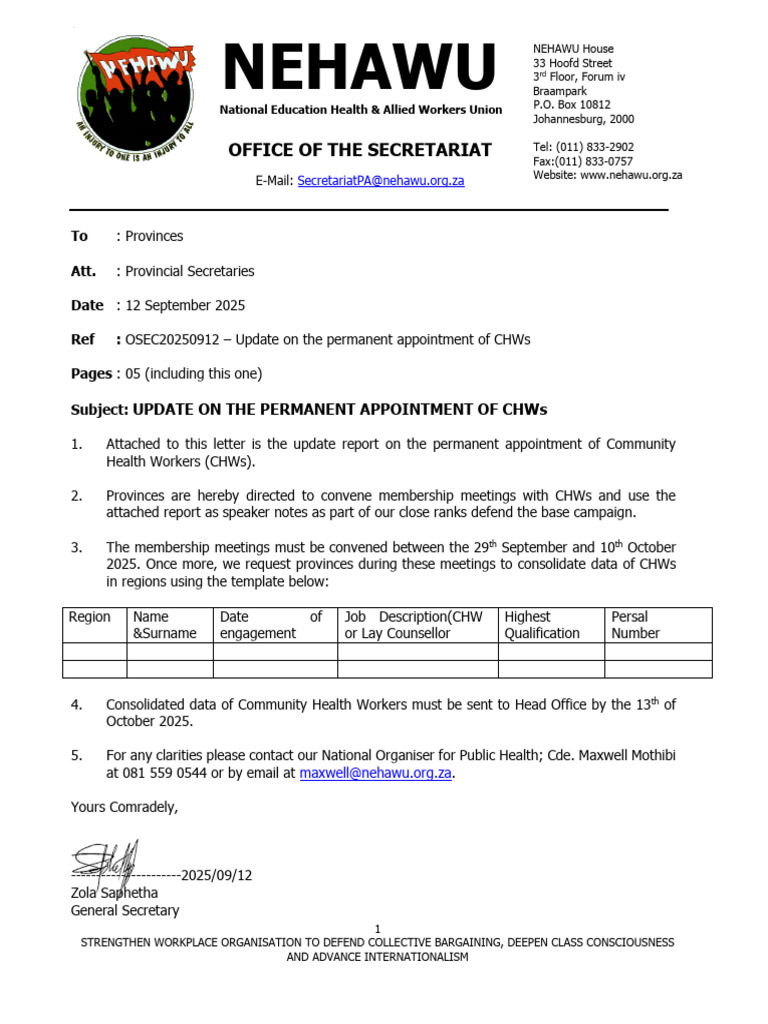 CHW Permanent Appointment Update 2025 | PDF | Strike Action | Trade Union