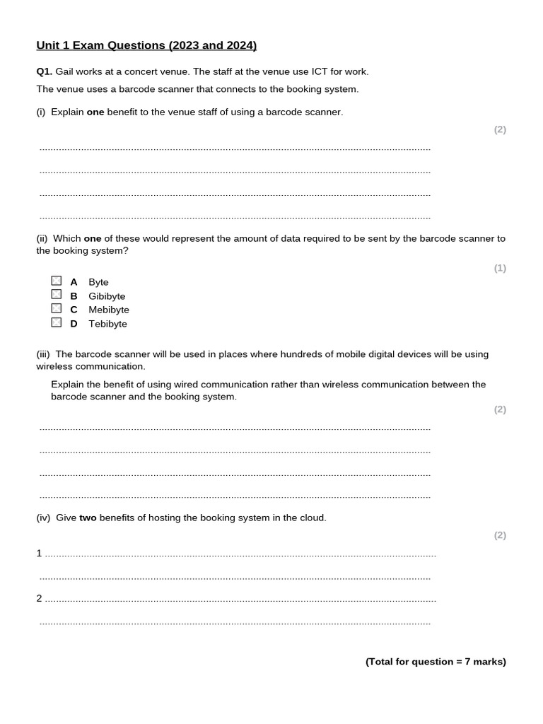 Unit 1 Exam Question 2023 and 2024 | PDF | Random Access Memory | Byte