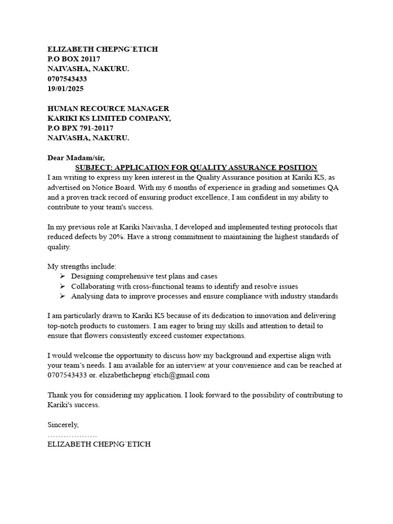 Quality Assurance Job Application Letter | PDF