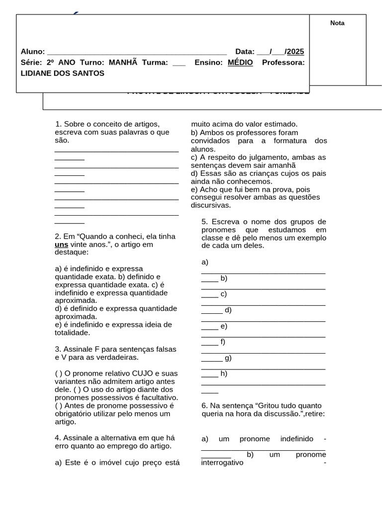 Prova Língua Portuguesa 2 Ano | PDF | Pronome | Palavra