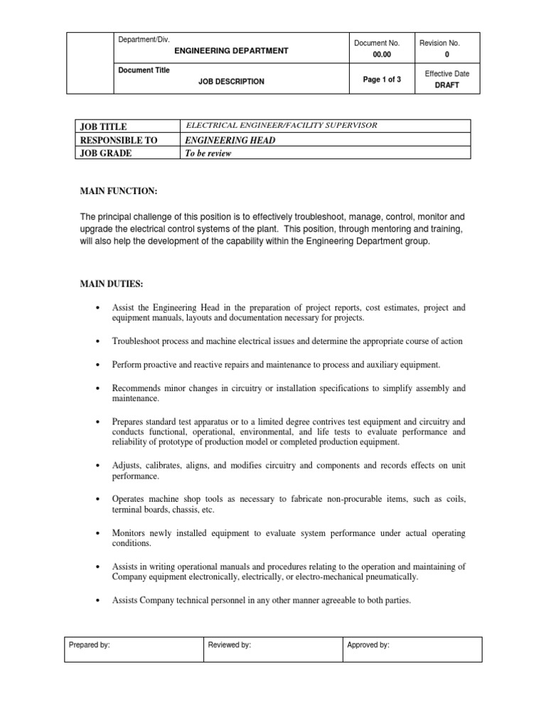 Job Descriptions Electrical Engineer FACILITY Supervisor 1 PDF