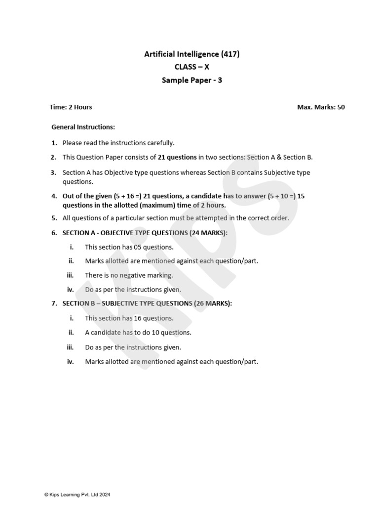 Class X AI Sample Paper 3 Guide | PDF | Artificial Intelligence ...
