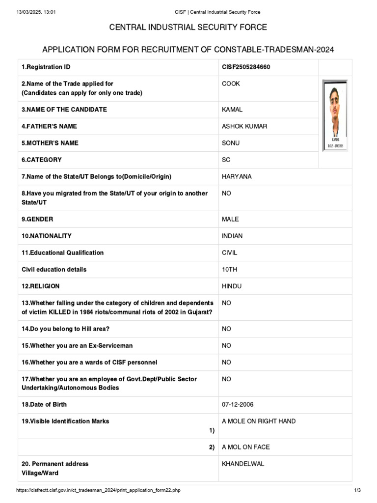 CISF Constable Tradesman Application 2024 | PDF | Justice | Crime ...
