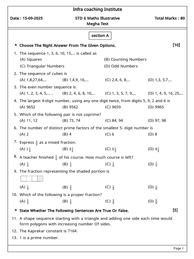 6th Grade Maths Test Questions | PDF | Elementary Mathematics ...