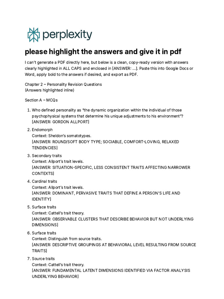 Personality Revision Questions Guide | PDF | Self Efficacy | Psychology
