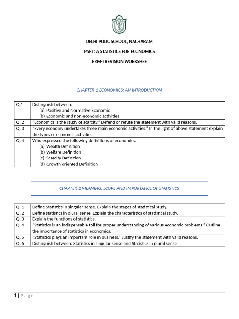 Delhi School Economics Statistics Worksheet | PDF | Statistics | Mean