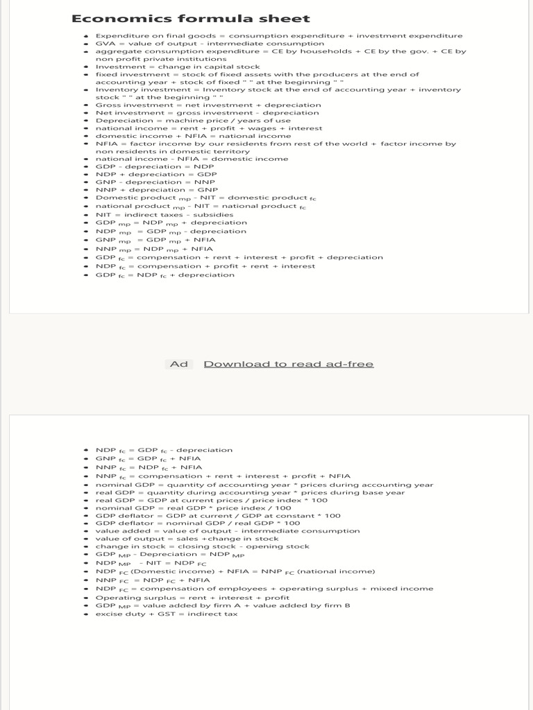 Economics Formula Sheet PDF | PDF | Gross Domestic Product | Measures ...