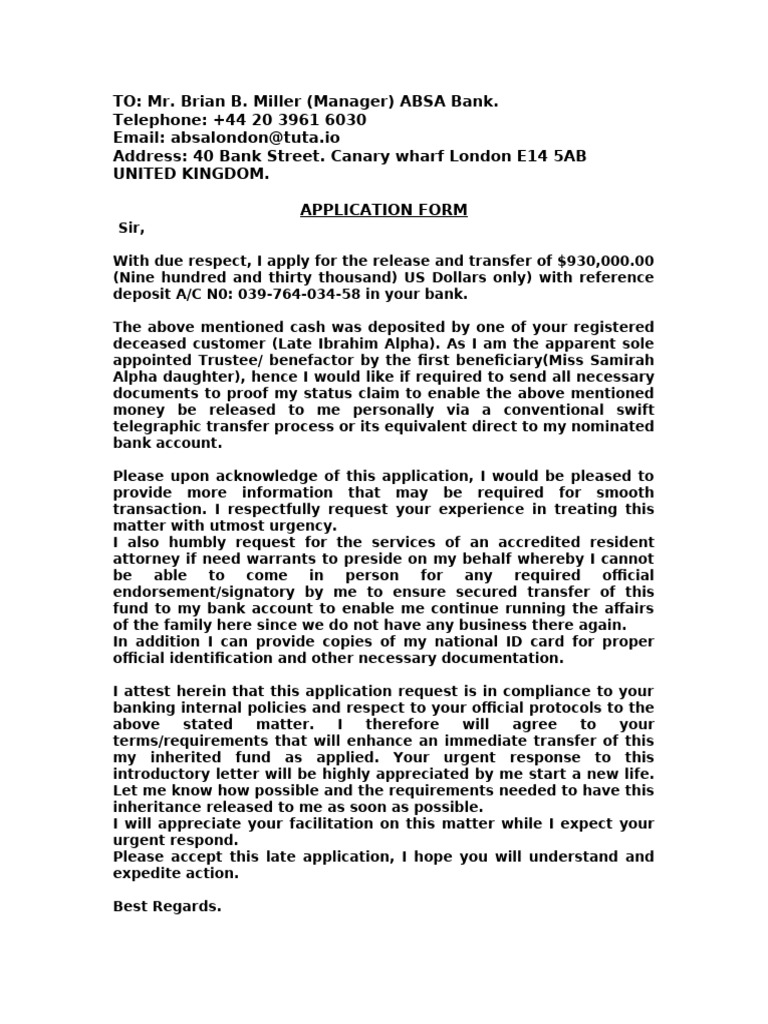 Application for Fund Release from ABSA Bank | PDF
