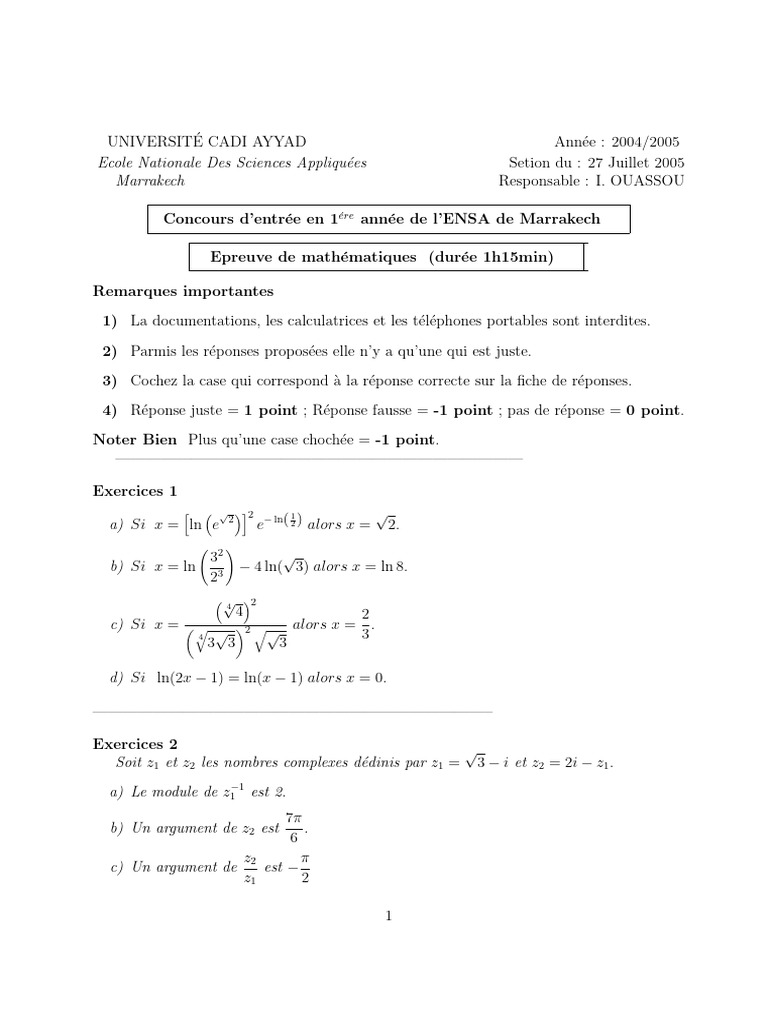 Concours Mathématiques ENSA Marrakech 2005 | PDF | Coordonnées ...