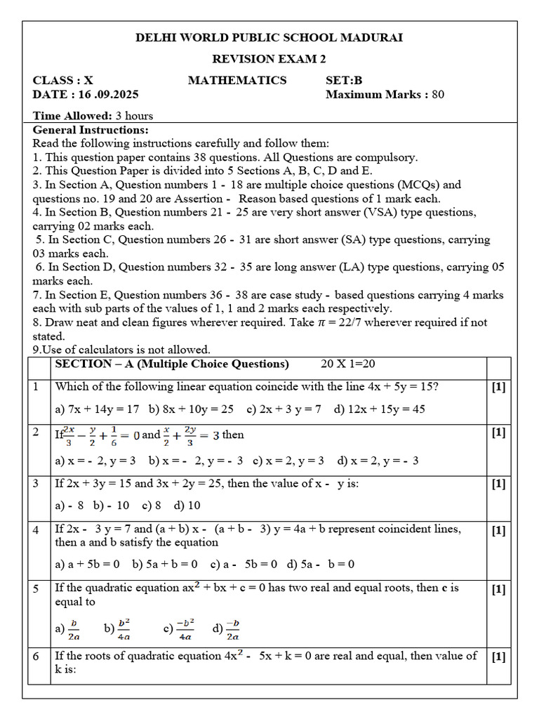 Class X Mathematics Revision Exam 2 | PDF | Circle | Area