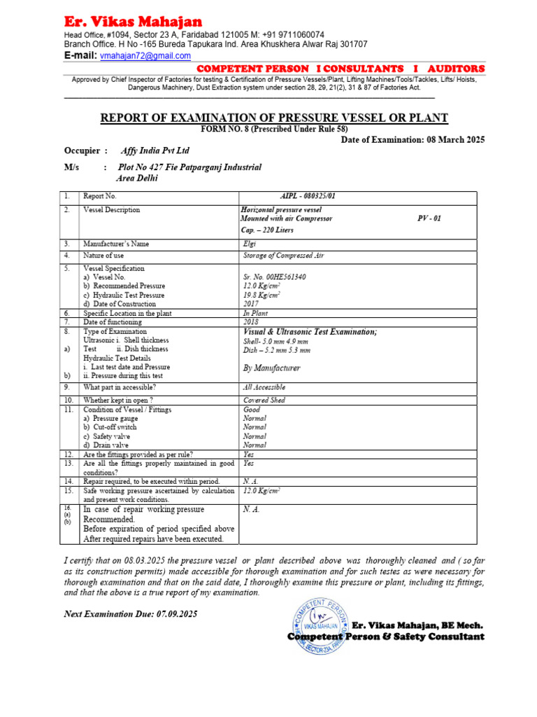 Affy India Pvt Ltd Pressure Vessel Report | PDF | Crane (Machine ...