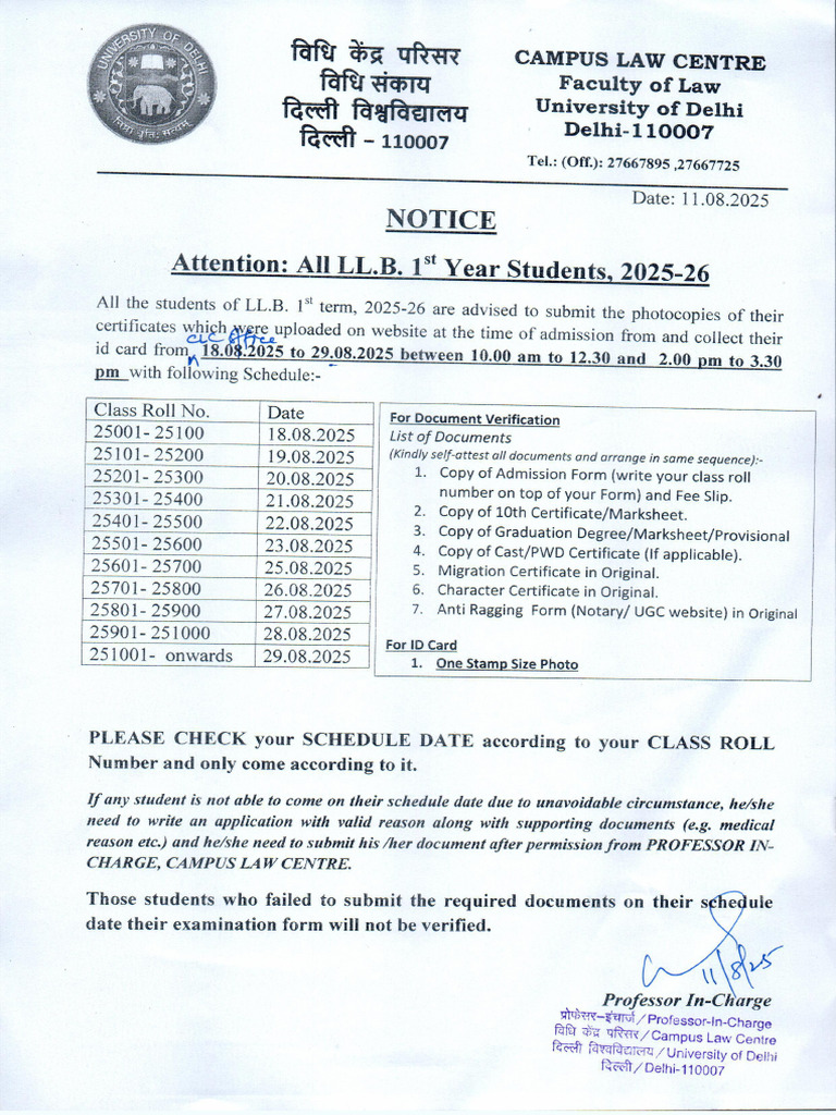 LL.B. 1st Year Document Submission Notice | PDF