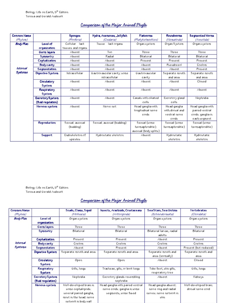 2662992 Biology Comparison of the Major Animal Phyla Chart