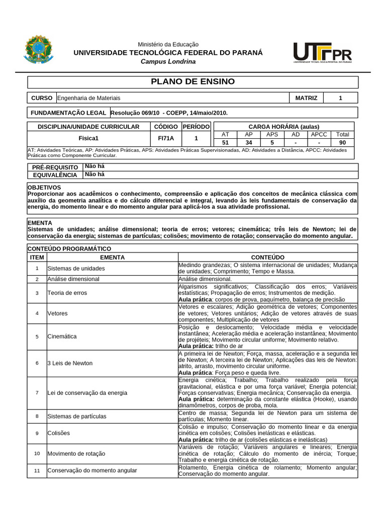 Plano de Ensino: Física 1 - Engenharia | PDF | Iniciativa/Conjuntura ...