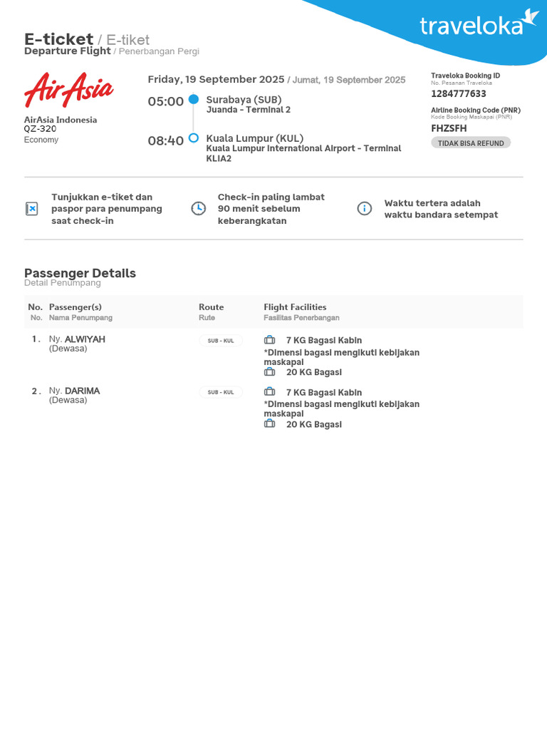 E-Tiket Penerbangan AirAsia SUB-KUL | PDF