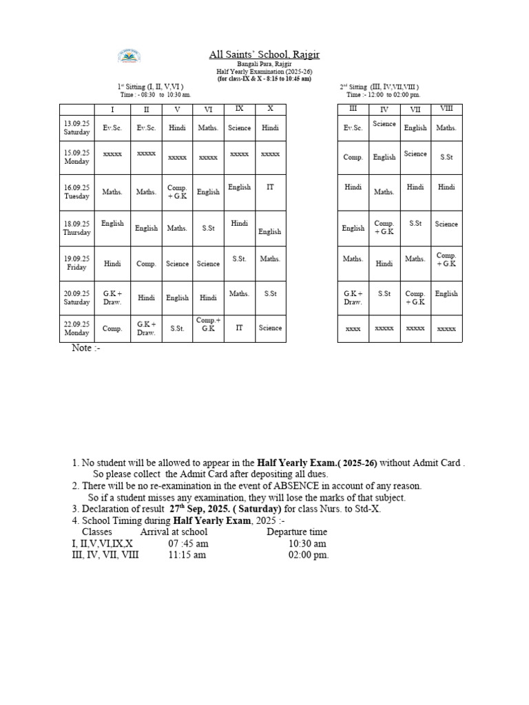 Half Yearly Exam Schedule 2025-26 | PDF