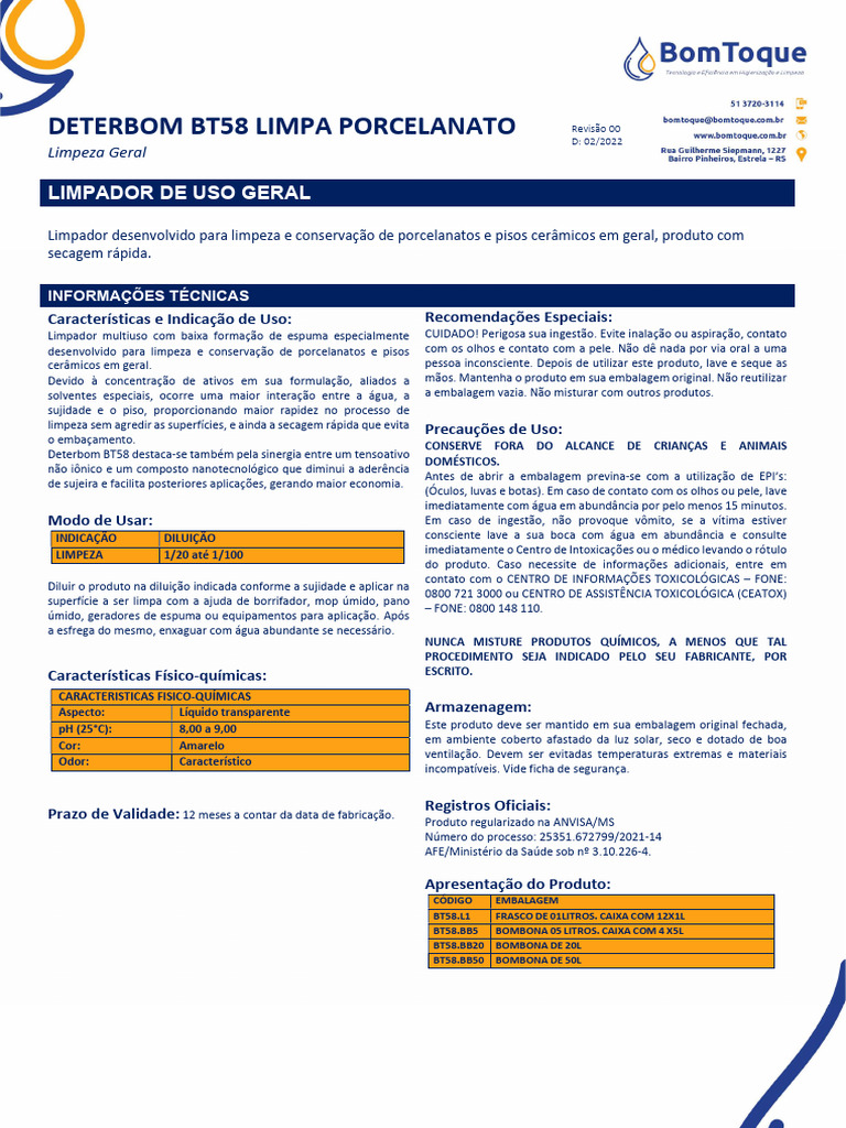 Limpador Deterbom BT58 para Porcelanato | PDF