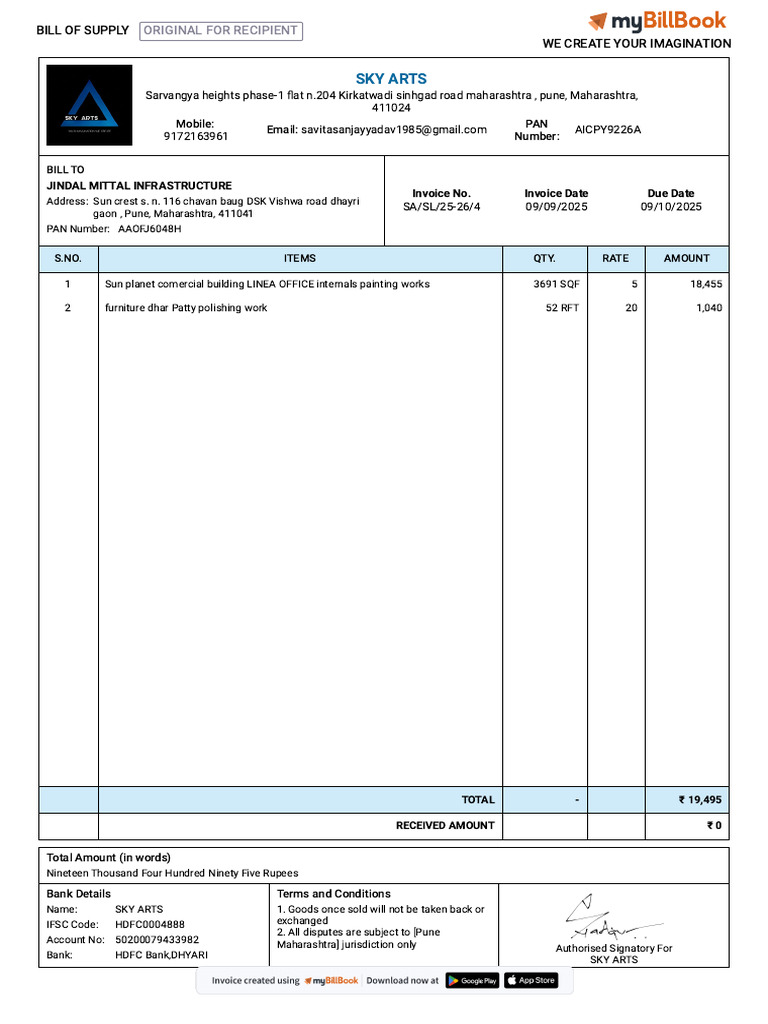 Invoice for SKY ARTS Painting Services | PDF