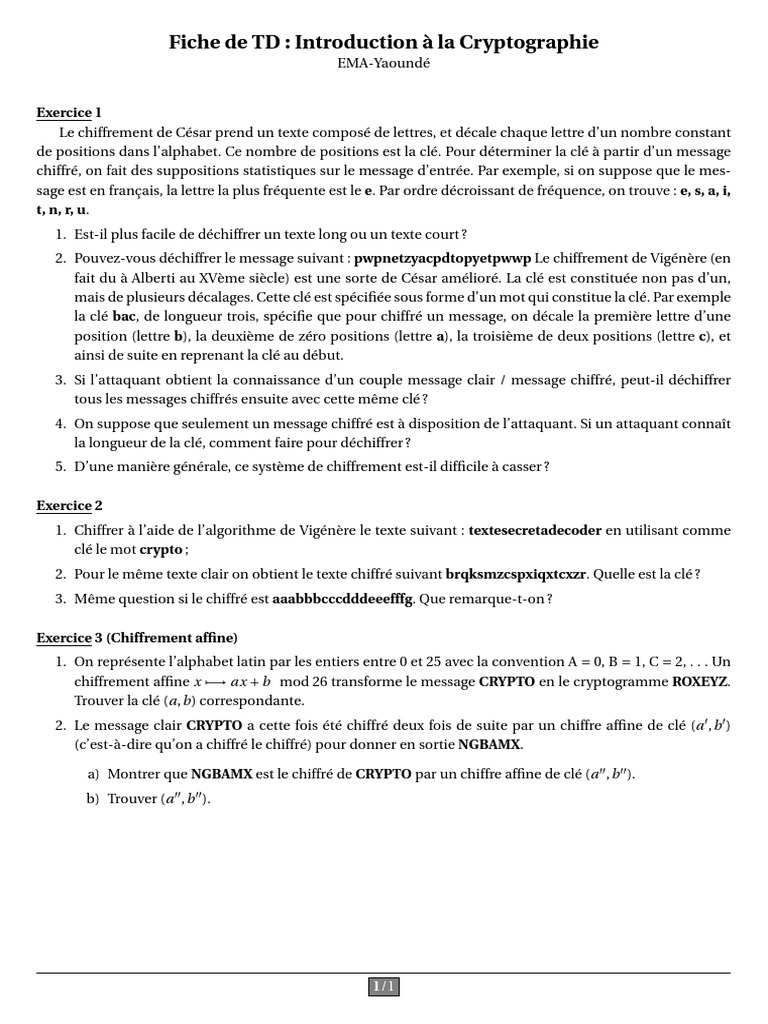Introduction à la Cryptographie TD | PDF | Chiffre (cryptologie) | Cryptage