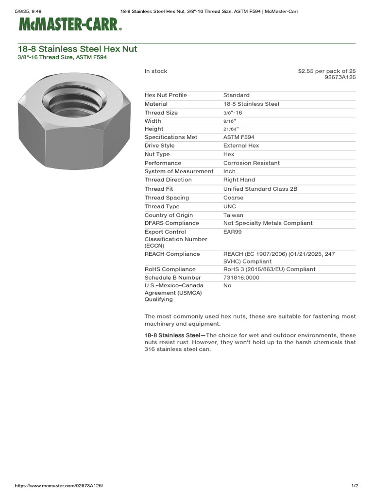 18-8 Stainless Steel Hex Nut, 3 - 8 - 16 Thread Size, ASTM F594 ...