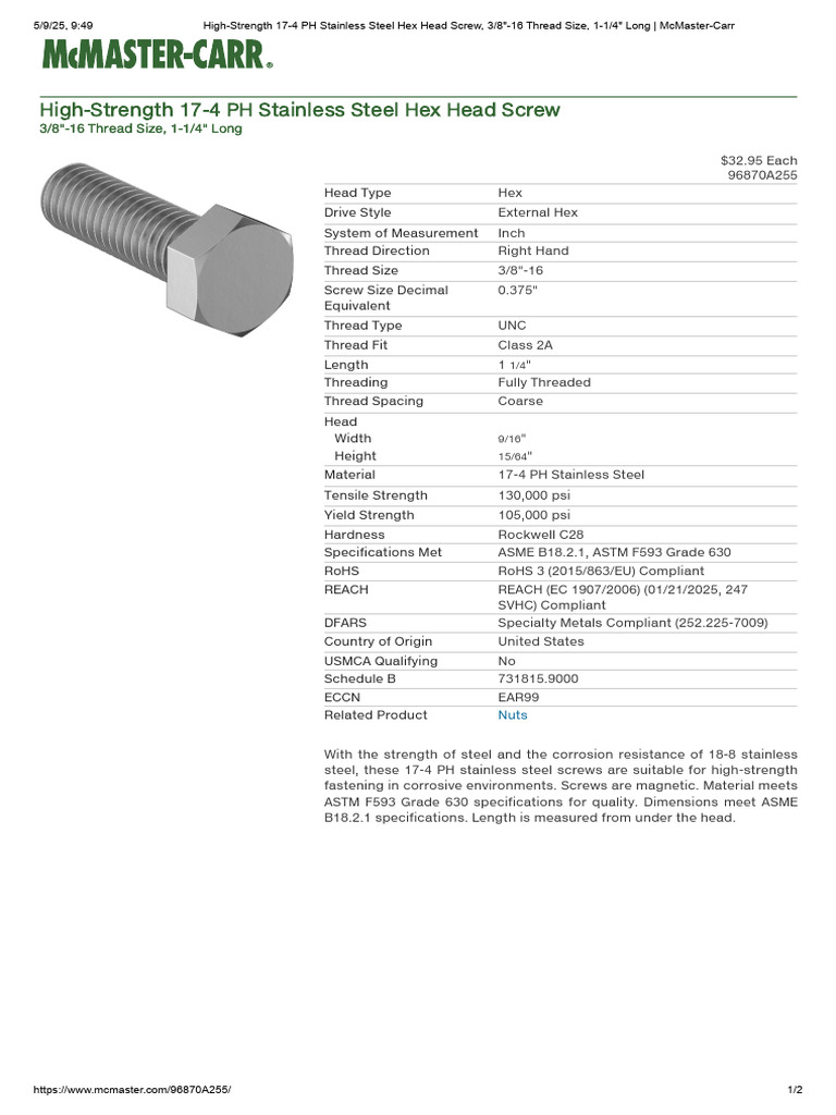 High-Strength 17-4 PH Stainless Steel Hex Head Screw, 3 - 8 - 16 Thread ...