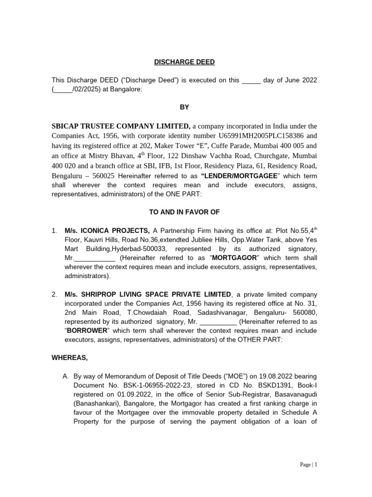 Discharge Deed for Mortgage Release | PDF | Mortgage Law | Debt