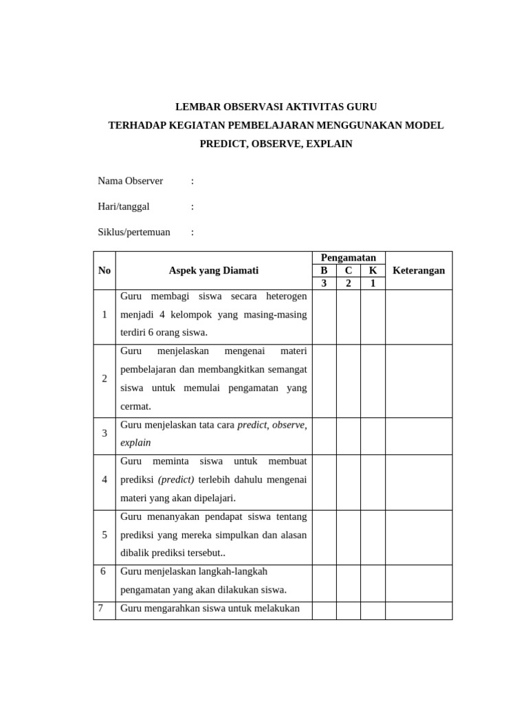 Observasi Pembelajaran Predict-Observe-Explain | PDF