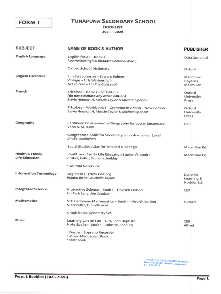 Form 1 Booklist | PDF
