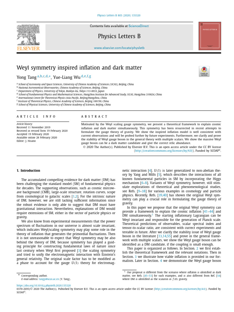 Weyl Symmetry Inspired Inflation and Dark Matter | PDF | Gauge Theory ...