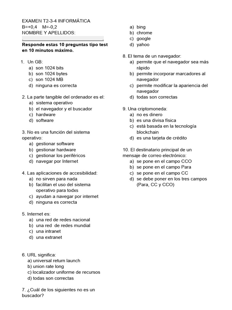 Examen Tipo Test Informática T2-3-4 | PDF