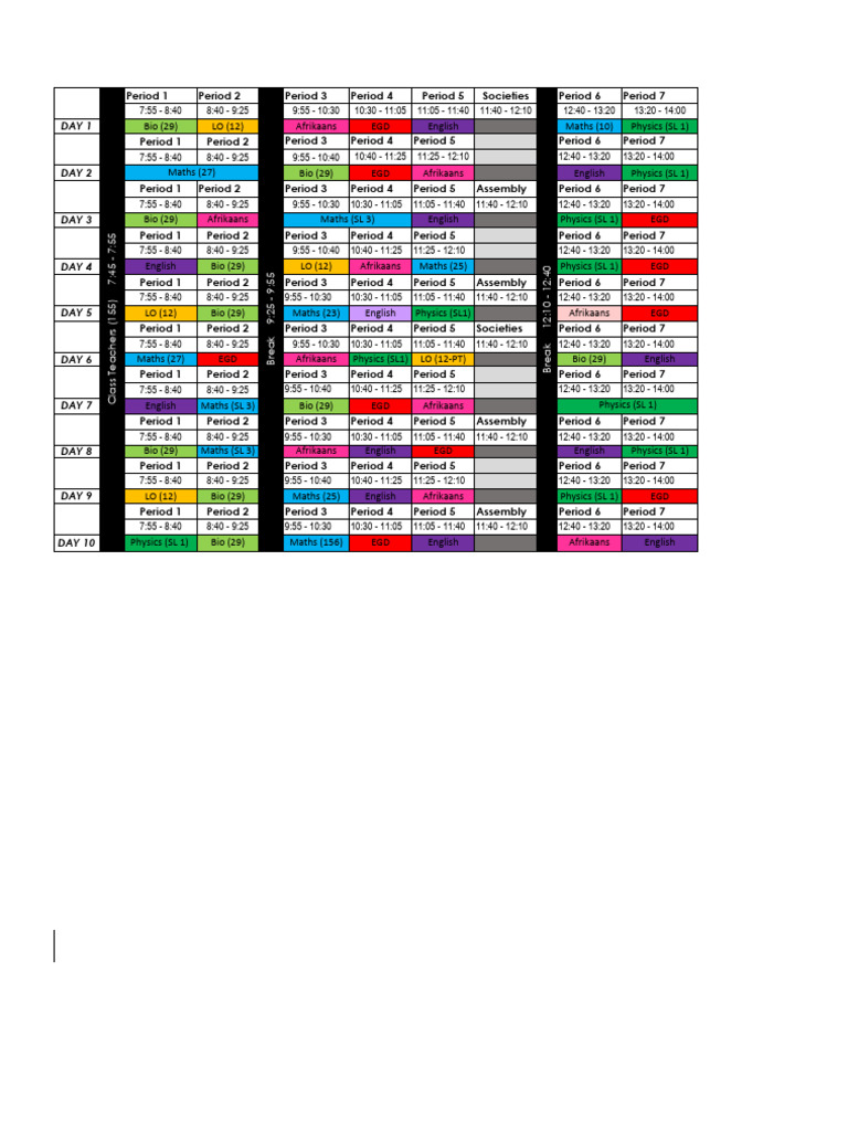 Weekly Class Schedule Overview | PDF