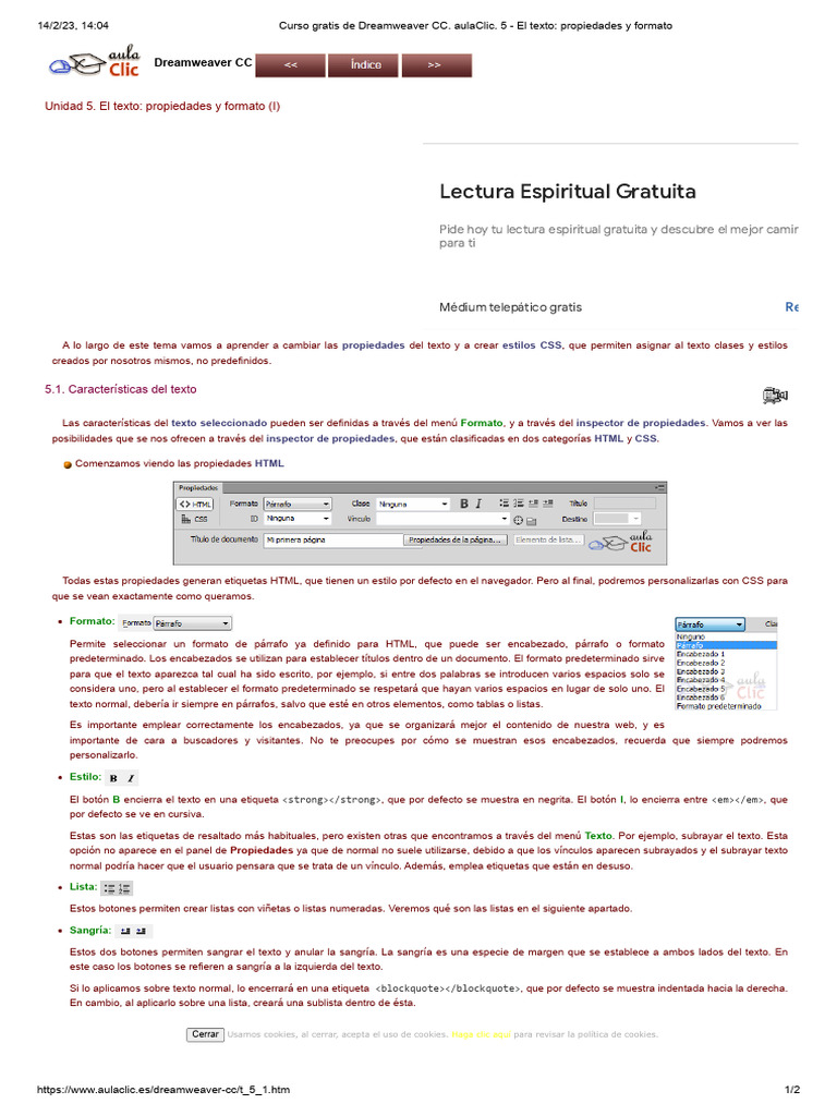 Propiedades y Formato de Texto en Dreamweaver | PDF | HTML | Adobe ...