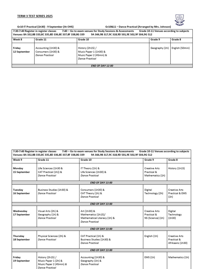 Term 3 Exam Schedule 2025 | PDF
